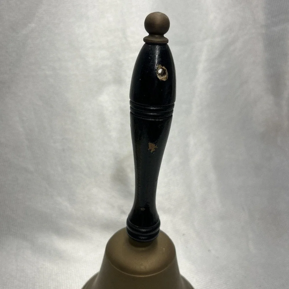 Vintage Large Brass Hand Bell Loud School Church Desk Wood Handle 10 inches .